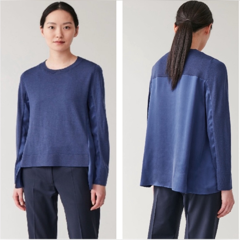 COS Women’s Blue Wool Silk Details Sweater M Quiet Luxury Old money Minimalist